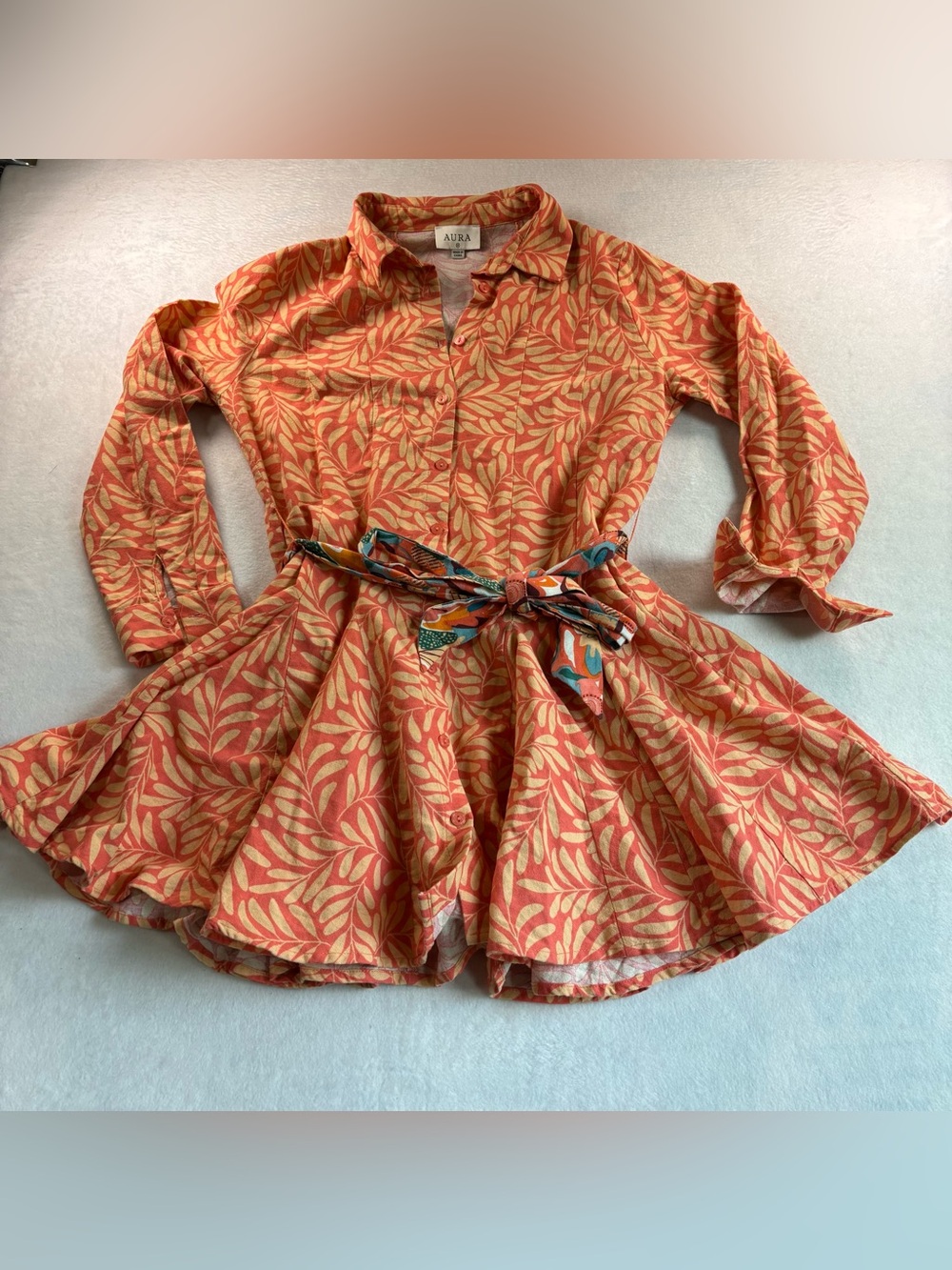 Aura Coral and Cream Leaf-Print Button Front Top